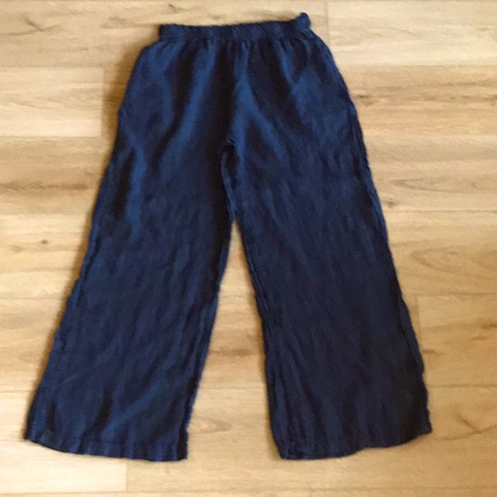 Alexandre Laurent Navy Blue Elastic Waist Wide Leg 100% Linen Pants Size Small